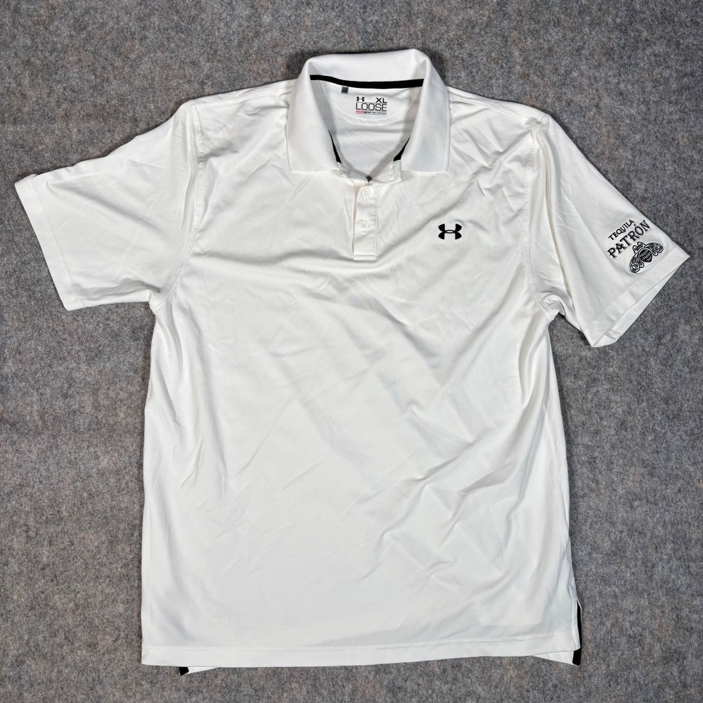 Under Armour Polo Shirt Mens XL White Tequila Patron Bee Logo HeatGear Golf Prep